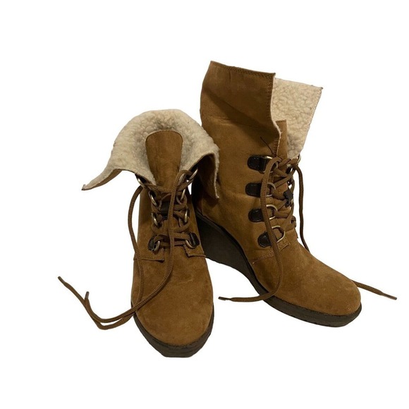 ROUTE 66 LAMBS WOOL LOOK WEDGE ANKLE BOOT BROWN FAUX SUEDE SIZE WOMENS 6 - Picture 3 of 10